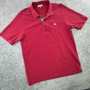 Burberry London Men Classic Fit Red Polo Shirt Nova Check Placket Large PIN HOLE